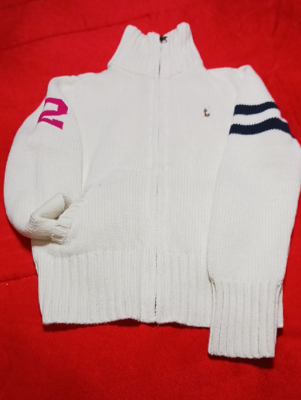 Ralph Lauren White Full-Zip Sweater with Navy Sleeve Stripes and Pink Accent